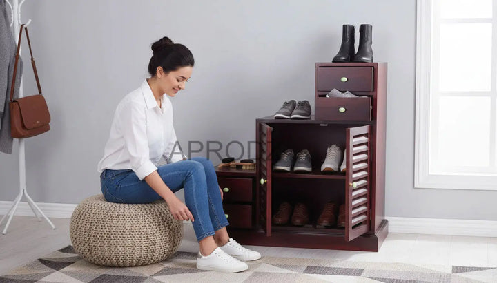 Translation missing: en.Sheesham Wood Storage Zuni Shoe Rack Cabinet for Living Room | 2 Shelf 4 Drawer Shoe Organizer | Mahogany 