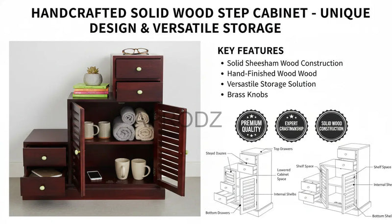 Sheesham Wood Storage Zuni Shoe Rack Cabinet for Living Room | 2 Shelf 4 Drawer Shoe Organizer | Mahogany 