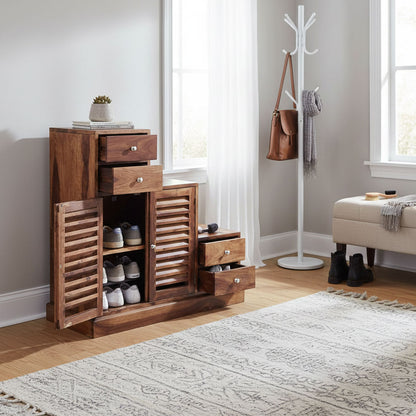 Sheesham Wood Storage Zuni Shoe Rack Cabinet for Living Room | 2 Shelf 4 Drawer Shoe Organizer | Mahogany 