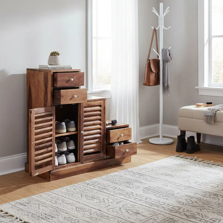Translation missing: en.Sheesham Wood Storage Zuni Shoe Rack Cabinet for Living Room | 2 Shelf 4 Drawer Shoe Organizer | Mahogany 