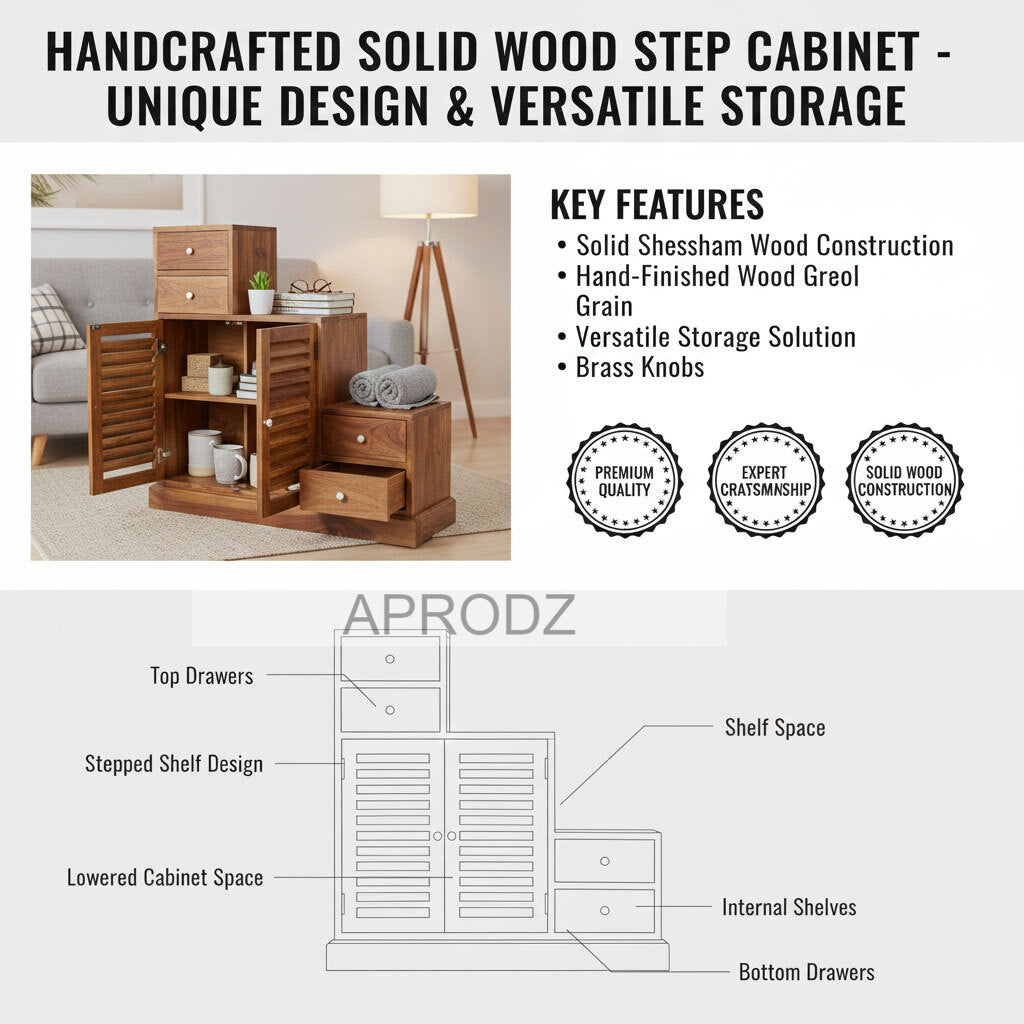 Sheesham Wood Storage Zuni Shoe Rack Cabinet for Living Room | 2 Shelf 4 Drawer Shoe Organizer | Mahogany 