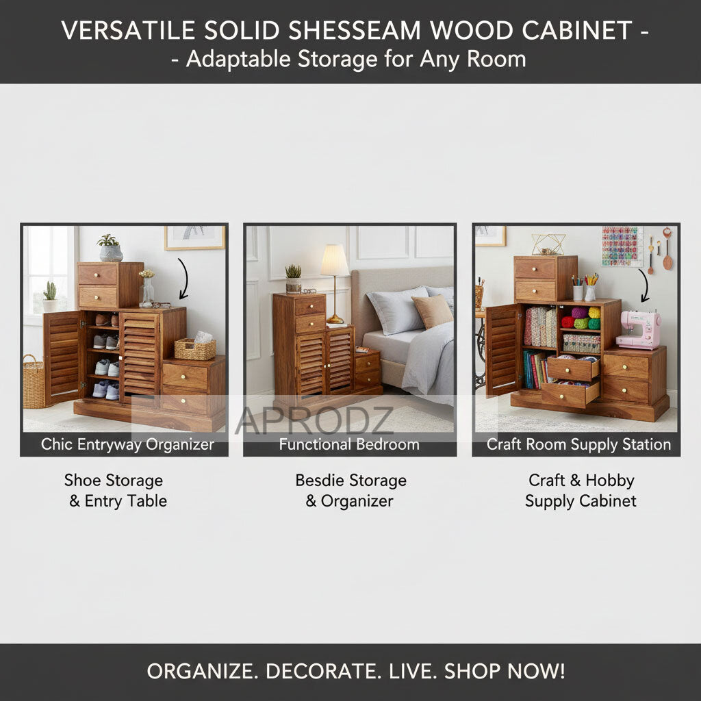 Sheesham Wood Storage Zuni Shoe Rack Cabinet for Living Room | 2 Shelf 4 Drawer Shoe Organizer | Mahogany 