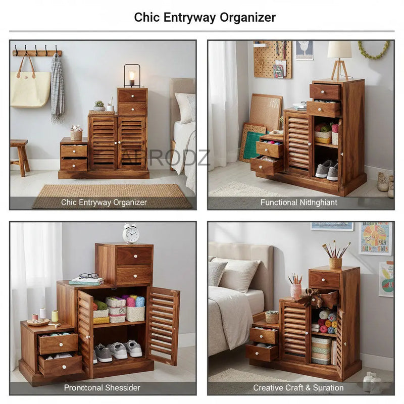 Sheesham Wood Storage Zuni Shoe Rack Cabinet for Living Room | 2 Shelf 4 Drawer Shoe Organizer | Mahogany 