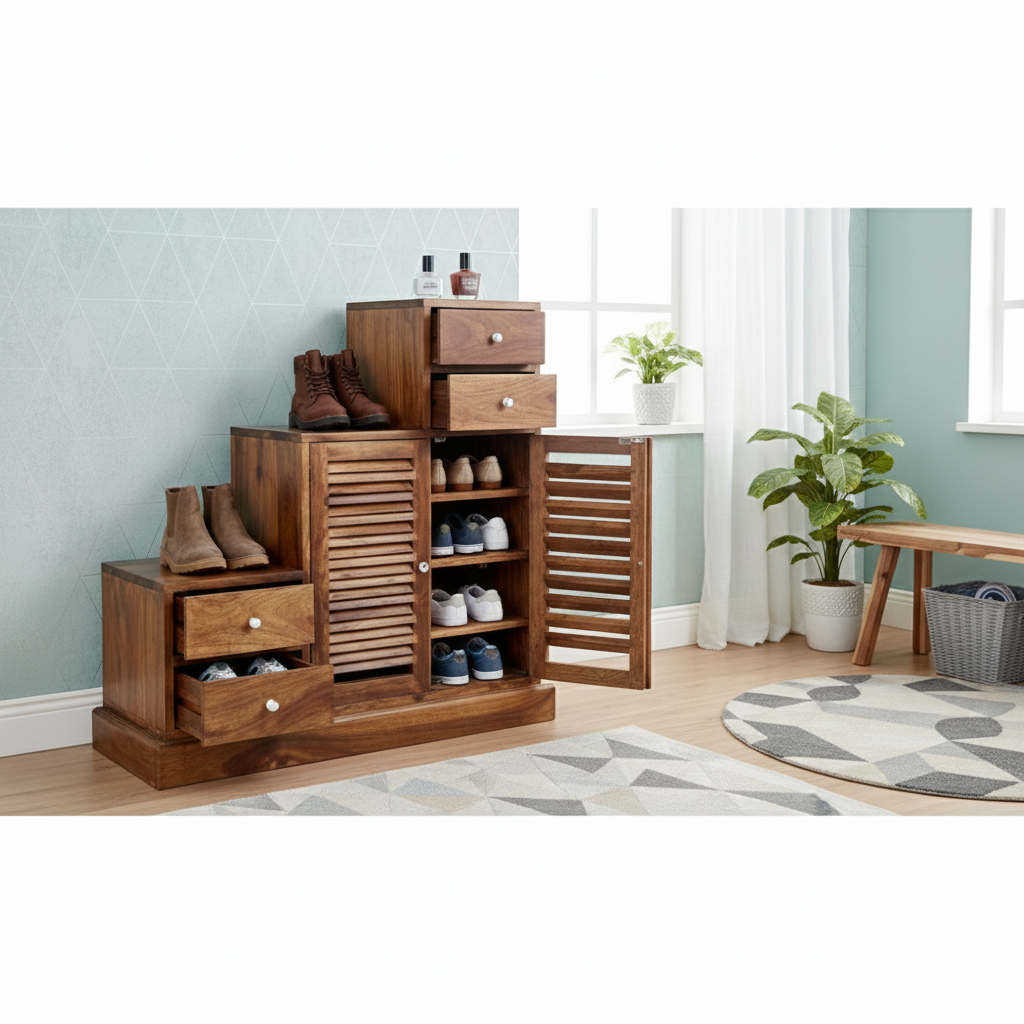 Sheesham Wood Storage Zuni Shoe Rack Cabinet for Living Room | 2 Shelf 4 Drawer Shoe Organizer | Mahogany 