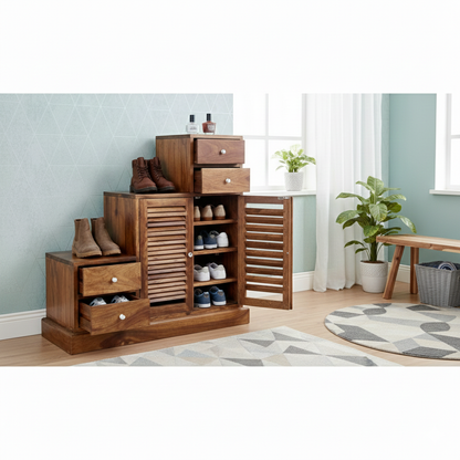 Sheesham Wood Storage Zuni Shoe Rack Cabinet for Living Room | 2 Shelf 4 Drawer Shoe Organizer | Mahogany 