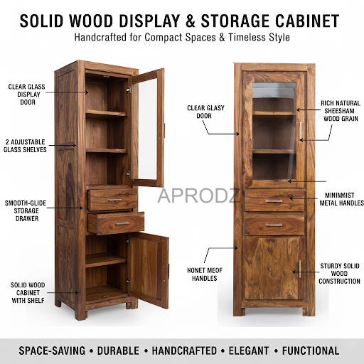 Sheesham Wood High Wooden Cabinet, Cupboard, Sideboard, Showcase or Library Bookcase 