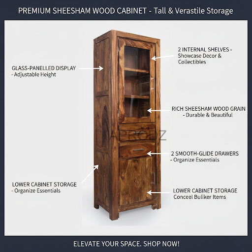 Sheesham Wood High Wooden Cabinet, Cupboard, Sideboard, Showcase or Library Bookcase 