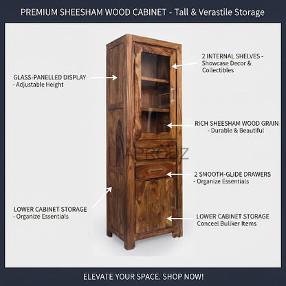 Sheesham Wood High Wooden Cabinet, Cupboard, Sideboard, Showcase or Library Bookcase 
