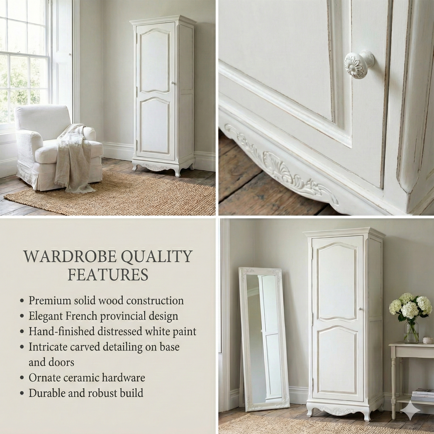 Mango Wood Multipurpose Storage 1-Door Libson Wardrobe Almirah for Living Room | White Finish