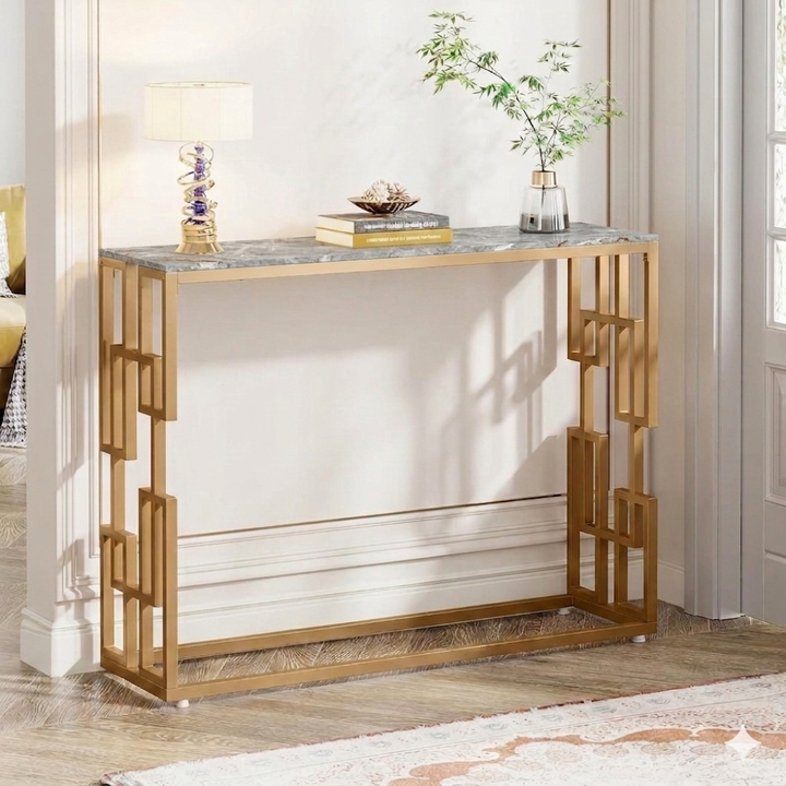 Translation missing: en.Modern Console Table with Grey Ceramic Marble Top &amp; Gold Geometric Metal Frame, Narrow Entryway Sofa Table for Hallway, Foyer and Living Room 