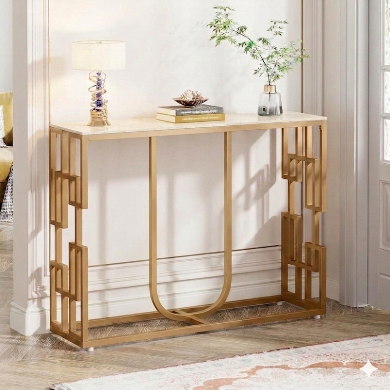 Narrow Console Table with Light Brown Ceramic Marble Top & Gold Metal Frame, Modern Entryway Accent Table for Hallway, Foyer, Living Room and Behind Sofa 