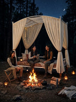 Iron Canopy Daybed with Turned Wood Legs - Antique White & Natural Wood 