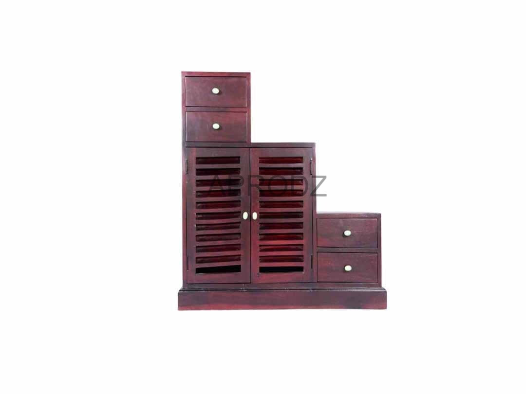 Sheesham Wood Storage Zuni Shoe Rack Cabinet for Living Room | 2 Shelf 4 Drawer Shoe Organizer | Mahogany 