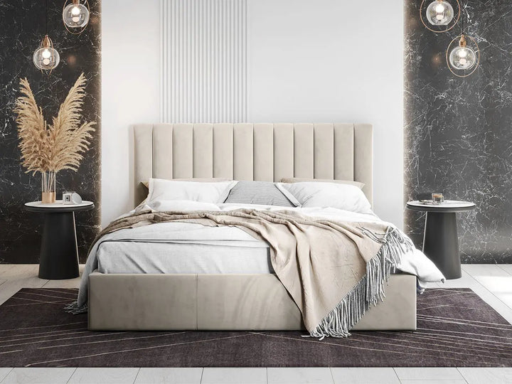 Translation missing: en.Fluted Velvet Upholstered Bed – Stylish Hydraulic Storage Bed for Comfortable Sleep &amp; Elegant Bedroom Aesthetic 