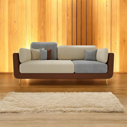 APRODZ Luxelle  Modern Tri-Tone Fabric 3-Seater Sofa – Beige, Grey & Brown Upholstered Couch with Soft Cushions, Wooden Legs & Minimalist Design – Stylish Seating for Living Room or Office