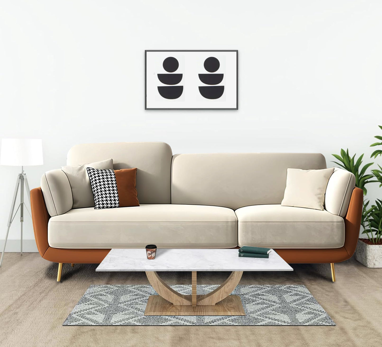APRODZ Luxelle  Modern 3-Seater Fabric Sofa – Cream & Tan Upholstered Couch with Minimalist Design and Wooden Legs – Cozy Seating for Living Room, Lounge or Office
