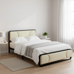 Upholstered Platform Bed Modern Bed Frame with Charging Station, Bed Metal with Velvet Tufted Headboard, No Spring Boxing Needed Grey Fabric + Black Powdercaoted 