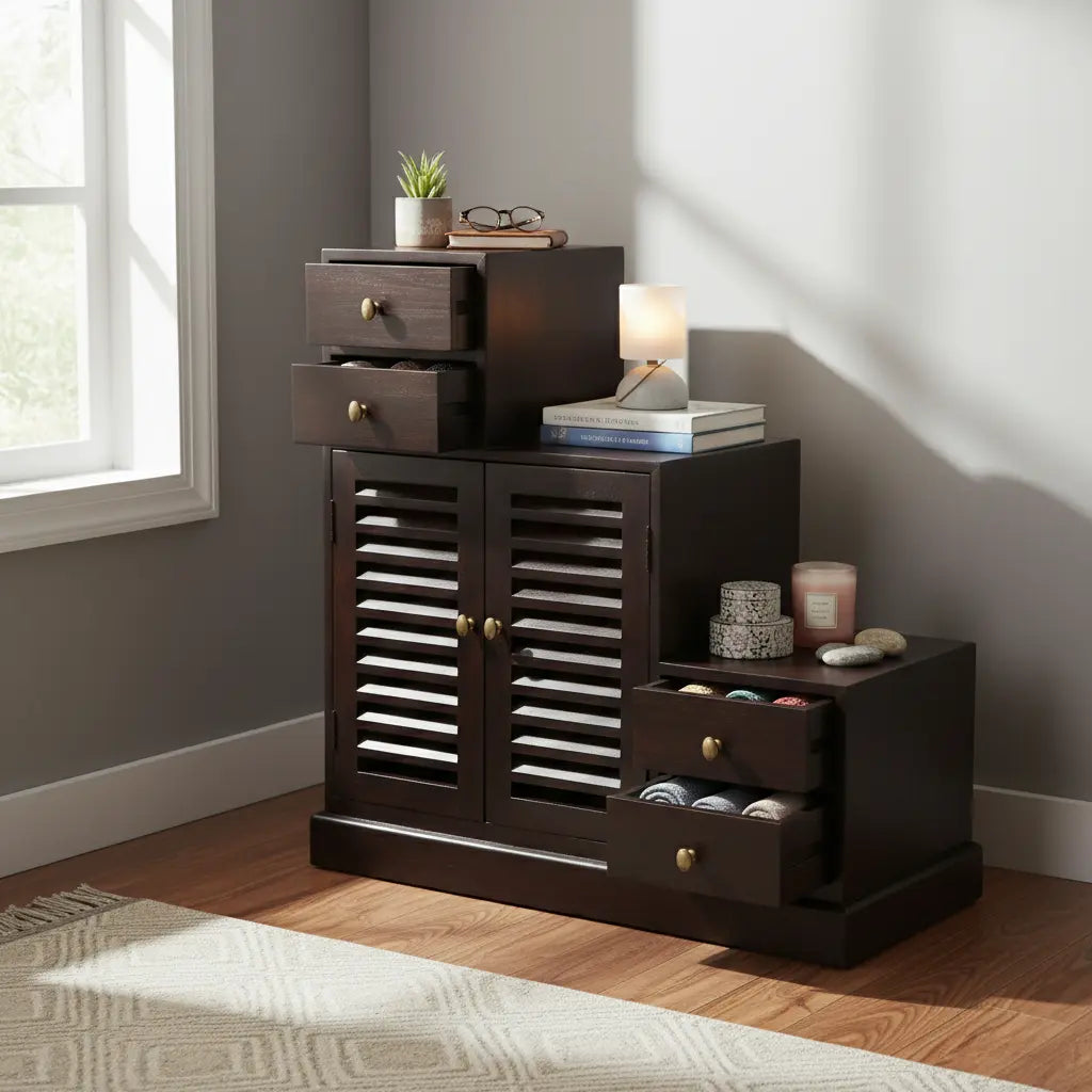 Zuni Sheesham Wood Shoe Rack Cabinet | Solid Wooden Shoe Storage with Drawers & Doors | Modern Shoe Organizer for Home | Dark Brown 