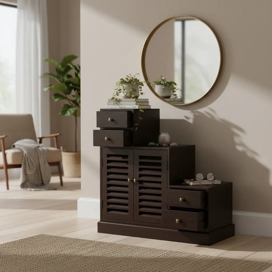 Zuni Sheesham Wood Shoe Rack Cabinet | Solid Wooden Shoe Storage with Drawers & Doors | Modern Shoe Organizer for Home | Dark Brown 