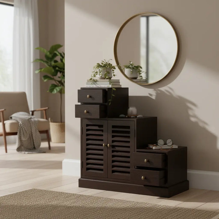 Translation missing: en.Zuni Sheesham Wood Shoe Rack Cabinet | Solid Wooden Shoe Storage with Drawers &amp; Doors | Modern Shoe Organizer for Home | Dark Brown 