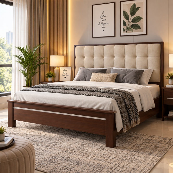 Translation missing: en.Solid Sheesham Wood Bed Without Storage Double Bed King Size Cot with Tufted Headboard Upholstered Bed for Bedroom (Beige) 