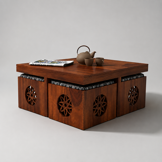 Translation missing: en.Solid Sheesham Wood Coffee Table with 4 Stools 