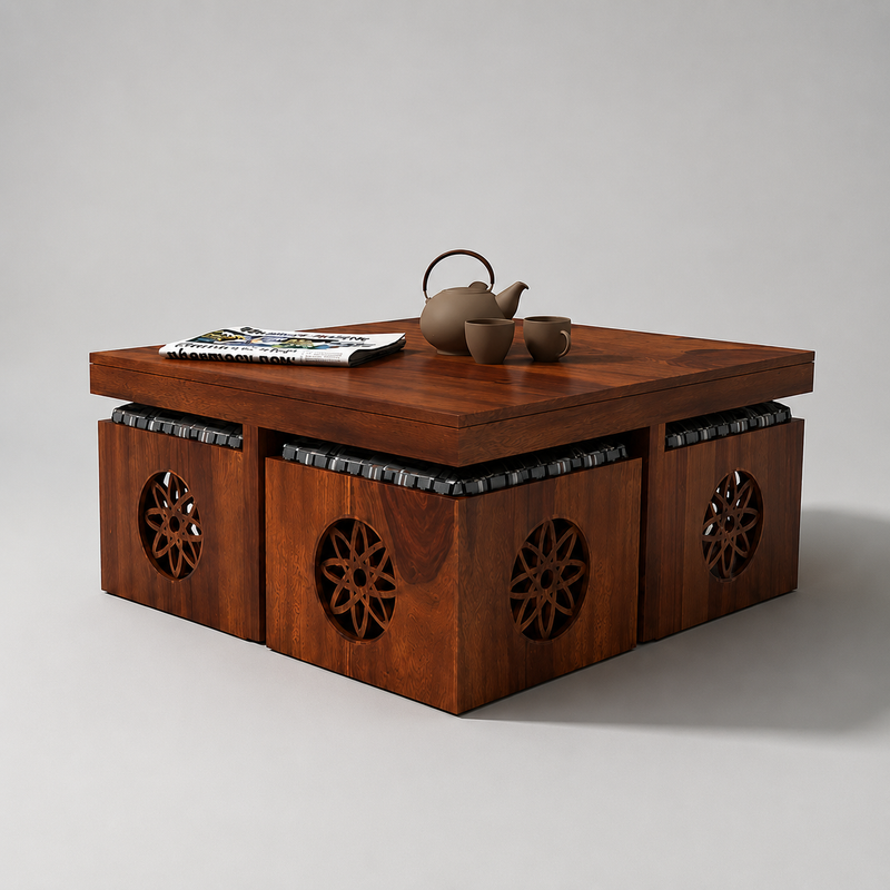 Solid Sheesham Wood Coffee Table with 4 Stools 