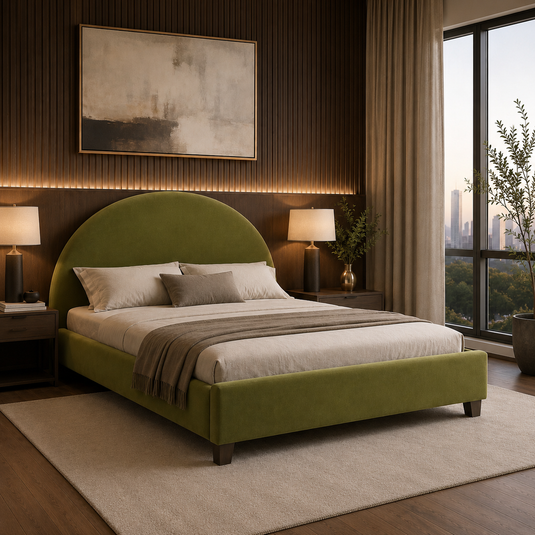 Translation missing: en.Upholstered Bed Frame, Green Fabric with Wooden Construction, Arched Headboard Platform Bed 