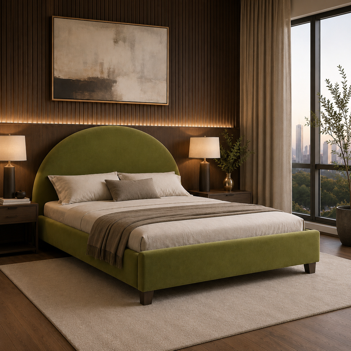 Translation missing: en.Upholstered Bed Frame, Green Fabric with Wooden Construction, Arched Headboard Platform Bed 