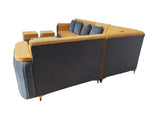 L-Shaped Sectional Sofa Set with Coffee Table and Two Ottoman Stools, Cushion Yellow and Grey, Fabric Upholstery, Metal Legs 