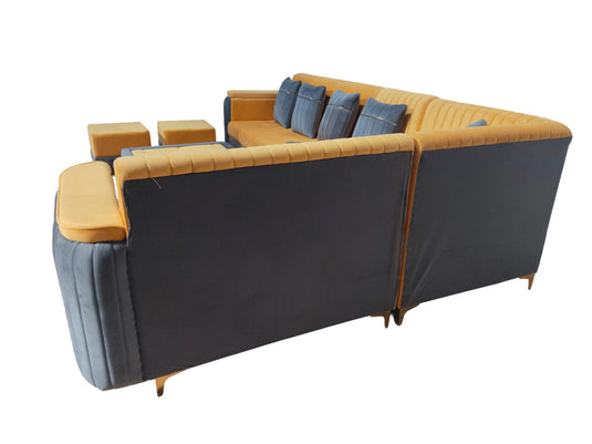 Translation missing: en.L-Shaped Sectional Sofa Set with Coffee Table and Two Ottoman Stools, Cushion Yellow and Grey, Fabric Upholstery, Metal Legs 