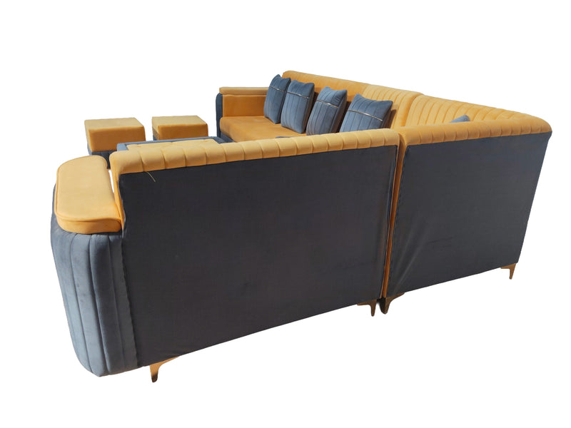 L-Shaped Sectional Sofa Set with Coffee Table and Two Ottoman Stools, Cushion Yellow and Grey, Fabric Upholstery, Metal Legs 