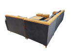 L-Shaped Sectional Sofa Set with Coffee Table and Two Ottoman Stools, Cushion Yellow and Grey, Fabric Upholstery, Metal Legs 
