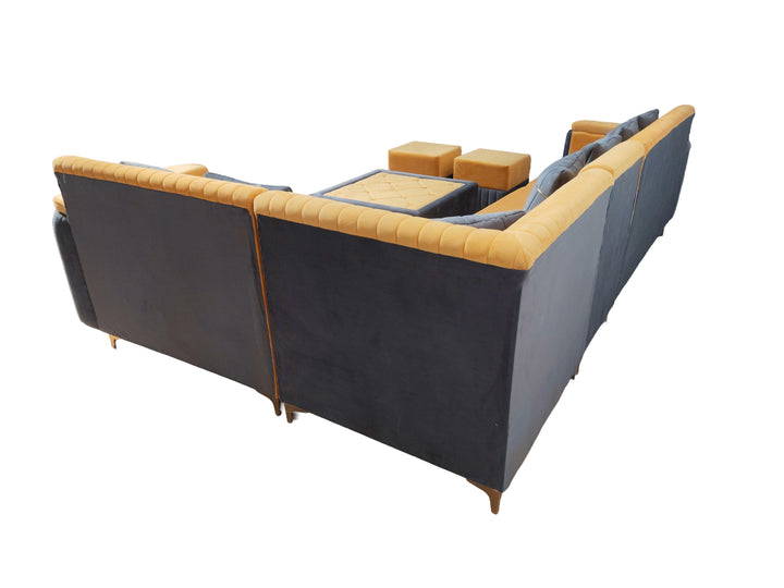 Translation missing: en.L-Shaped Sectional Sofa Set with Coffee Table and Two Ottoman Stools, Cushion Yellow and Grey, Fabric Upholstery, Metal Legs 