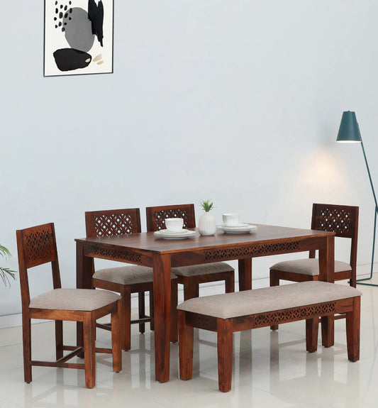 Sheesham Wood Durque 6 Seater Dining Table Set with 1 Bench and 4 Chair for Home | Dining Furniture