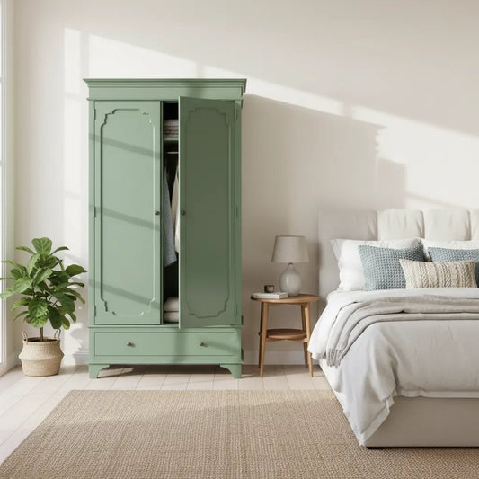 Mango Wood 2-Door 1-Drawer Wardrobe – Khaki Green Almirah 