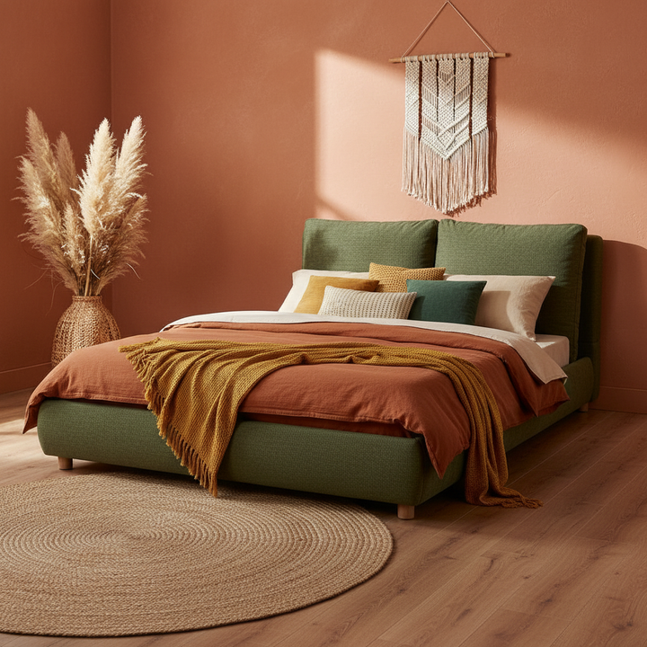 Translation missing: en.Boucle Fabric Upholstered Platform Bed with Two Removable Pillow Headboard, White Finish 