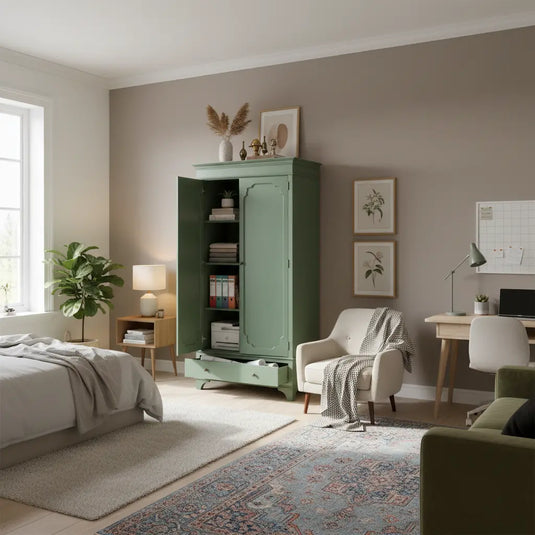 Translation missing: en.Mango Wood 2-Door 1-Drawer Wardrobe – Khaki Green Almirah 
