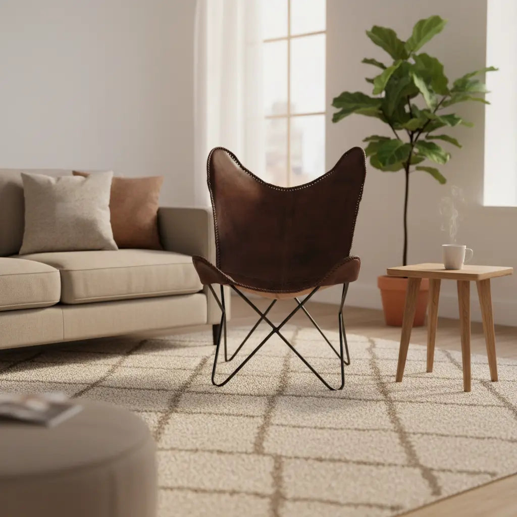 Butterfly Chair with Genuine Leather Upholstery | Modern Accent Lounge Chair | Stylish Metal Frame Relaxing Chair 