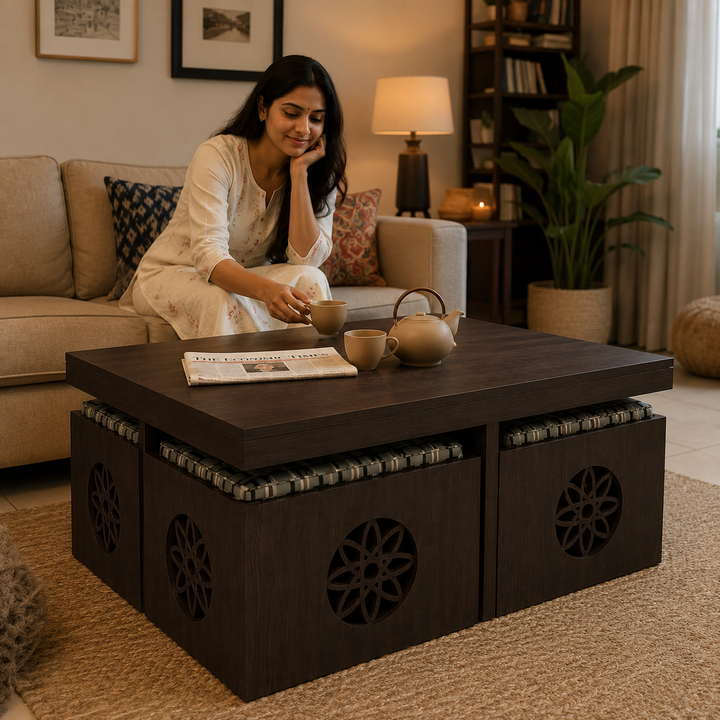 Translation missing: en.Solid Sheesham Wood Coffee Table with 4 Stools 