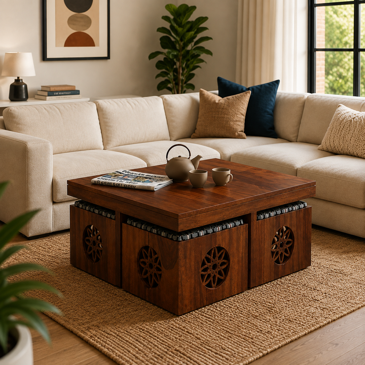 Translation missing: en.Solid Sheesham Wood Coffee Table with 4 Stools 