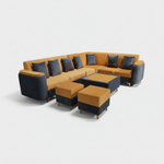 L-Shaped Sectional Sofa Set with Coffee Table and Two Ottoman Stools, Cushion Yellow and Grey, Fabric Upholstery, Metal Legs 