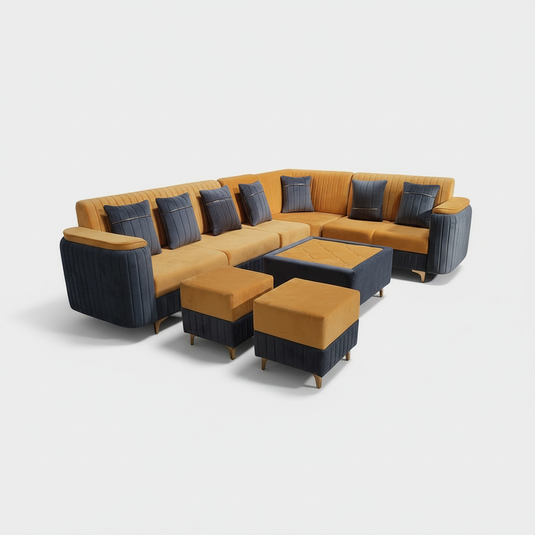 Translation missing: en.L-Shaped Sectional Sofa Set with Coffee Table and Two Ottoman Stools, Cushion Yellow and Grey, Fabric Upholstery, Metal Legs 