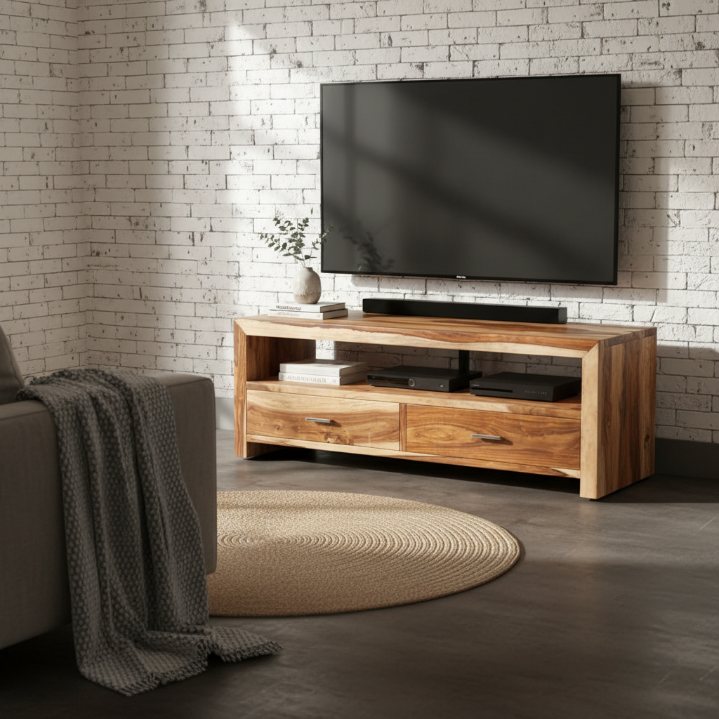 Sheesham Wood Helsinki TV Unit with 2 Door Storage Entertainment Unit Center Console TV Table for Living Room Furniture (Honey Finish) 