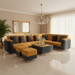 L-Shaped Sectional Sofa Set with Coffee Table and Two Ottoman Stools, Cushion Yellow and Grey, Fabric Upholstery, Metal Legs 
