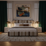 Upholstered Bed with Scalloped Wave Headboard, Striped Fabric Bed Frame for Bedroom, Modern Platform Bed with Wooden Feet, Beige Brown Stripe(Cream & Brown Stripe) 