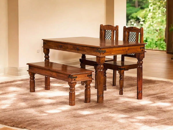 Sheesham Wood Reyk 4 Seater Dining Table Set with 1 Bench and 2 Chair for Home Dining Room Furniture 