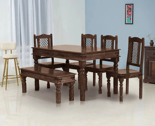 Translation missing: en.Sheesham Wood Reyk 6 Seater Dining Table Set with 1 Bench &amp; 4 Chairs for Home Dining Room Furniture 
