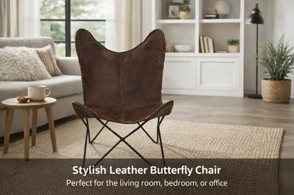 Butterfly Chair with Genuine Leather Upholstery | Modern Accent Lounge Chair | Stylish Metal Frame Relaxing Chair 