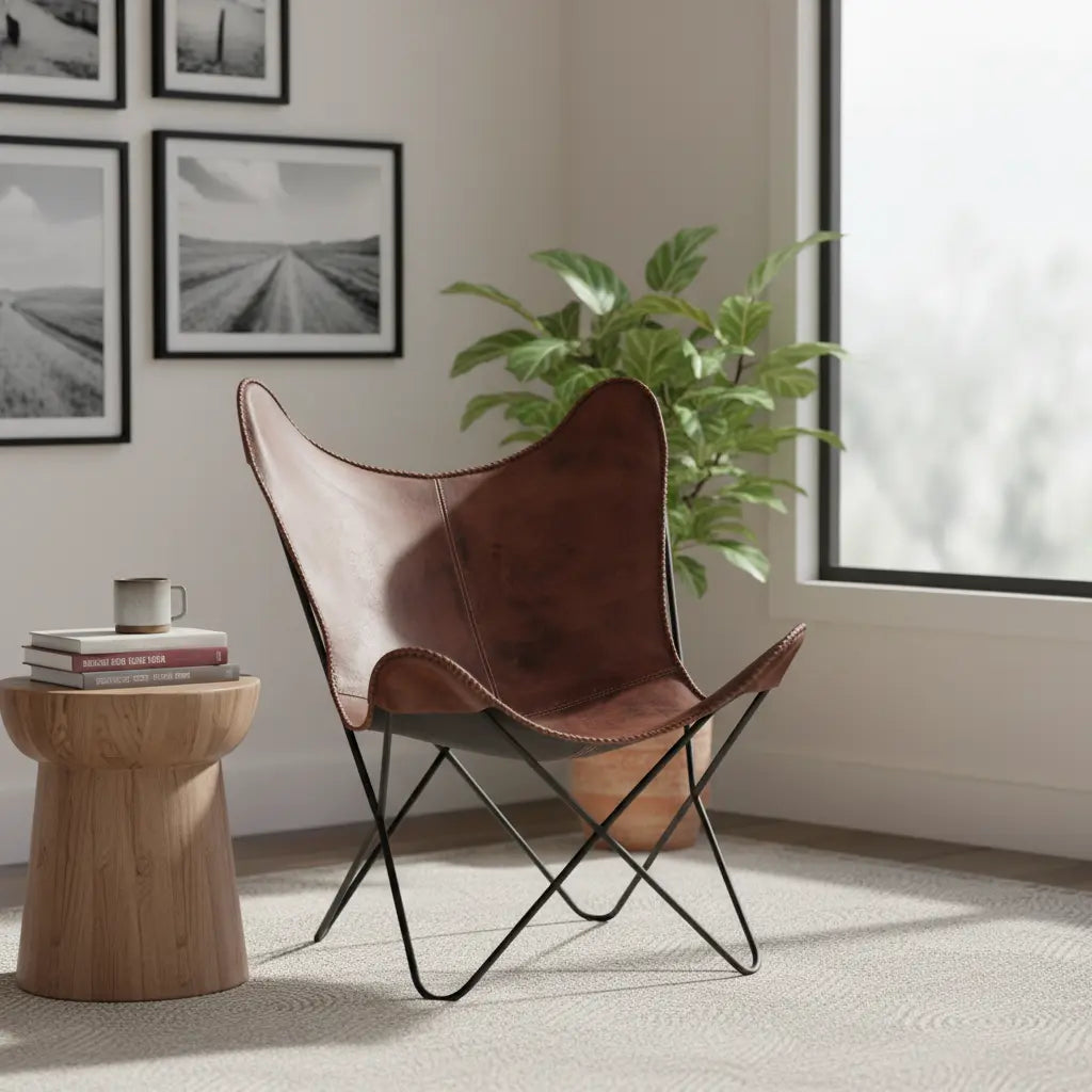 Butterfly Chair with Genuine Leather Upholstery | Modern Accent Lounge Chair | Stylish Metal Frame Relaxing Chair 